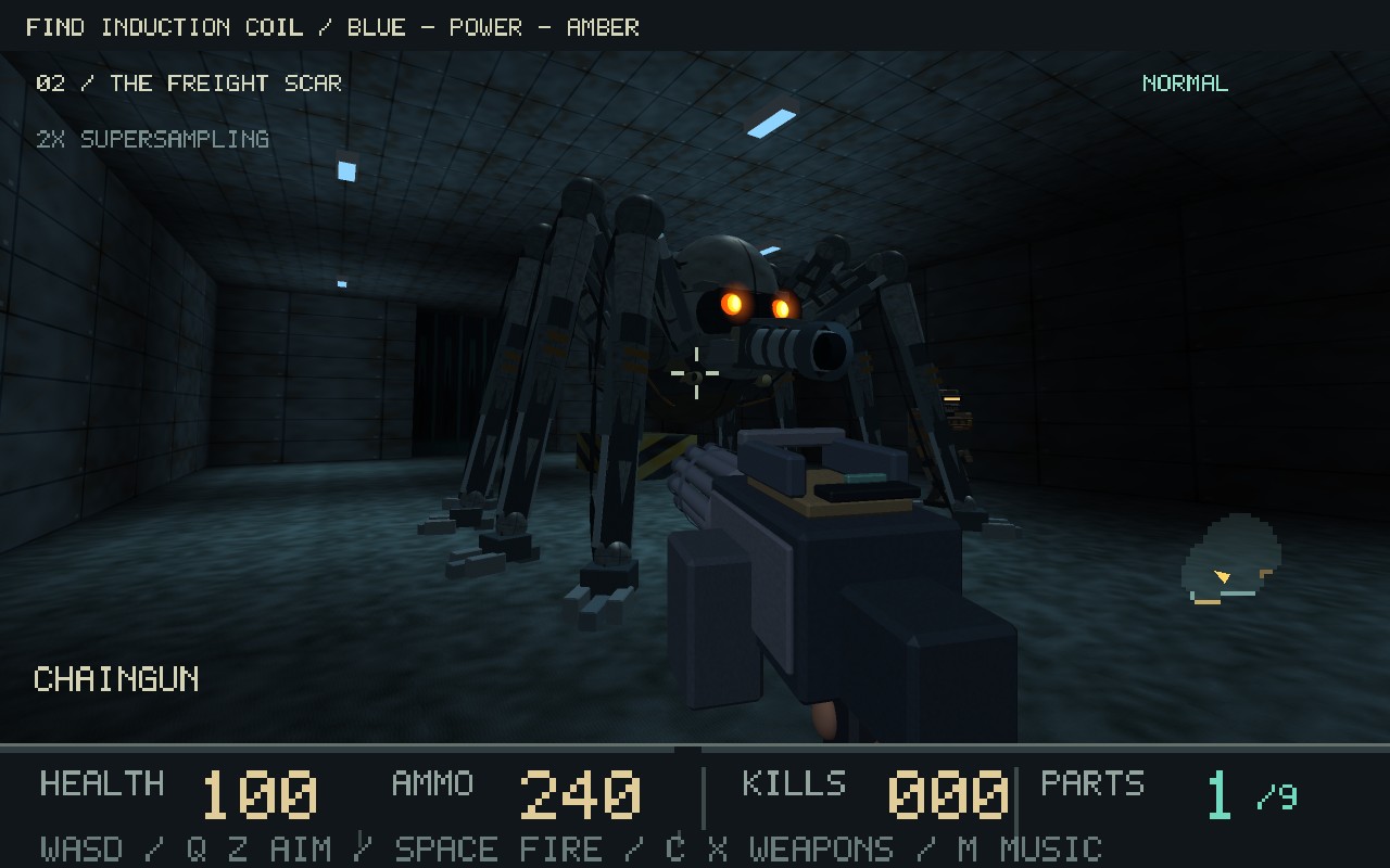 A giant armored spider with eight arched legs, glowing orange eyes and a projecting cannon faces the player holding a ten-barrel chaingun.